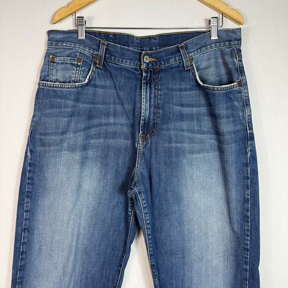 Lucky Brand Dungarees Loose Fit Short Length Jeans Mens 34x27 Blue Raw Hem Baggy - Picture 2 of 13